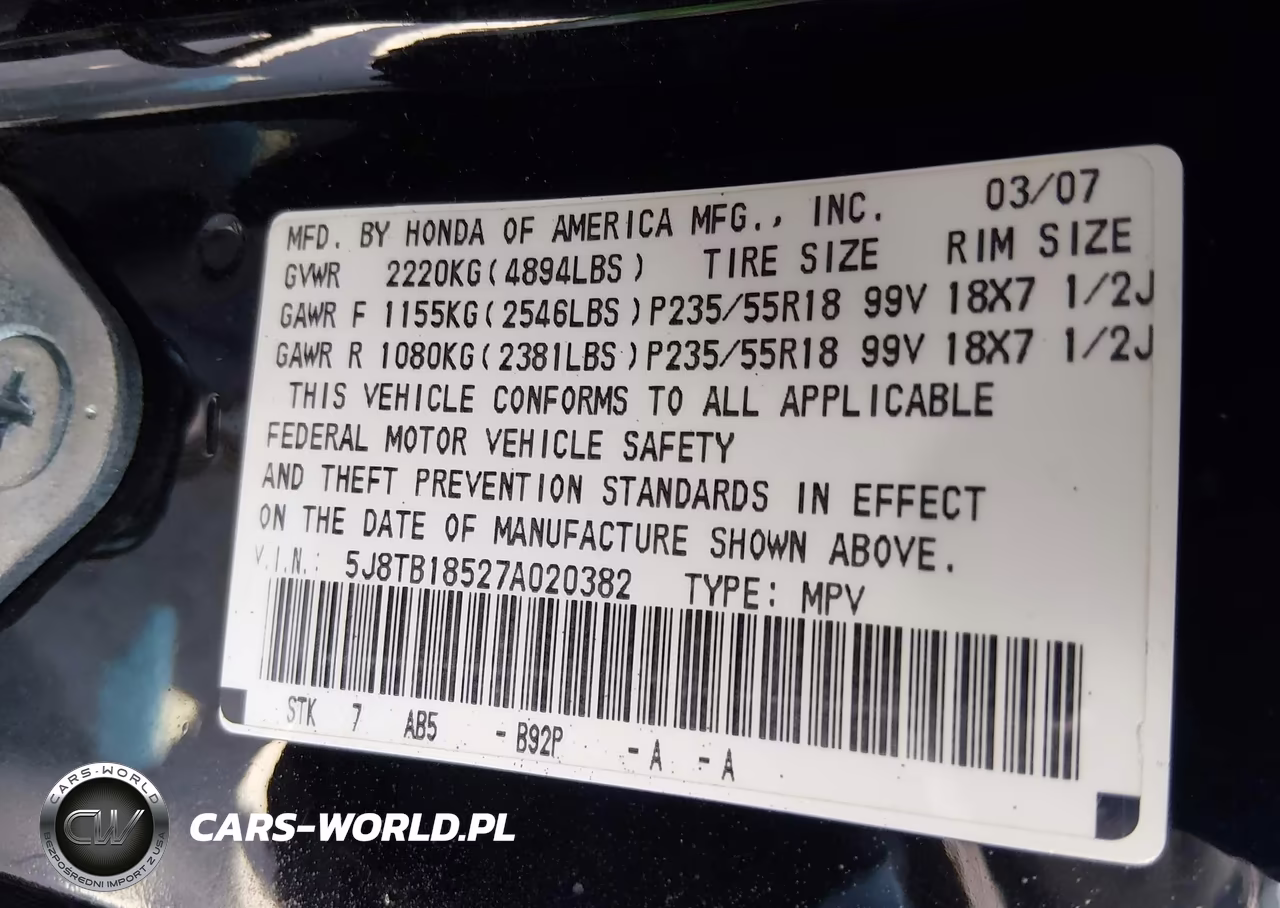 2007 Acura Rdx VIN:5J8TB18527A020382 - 9