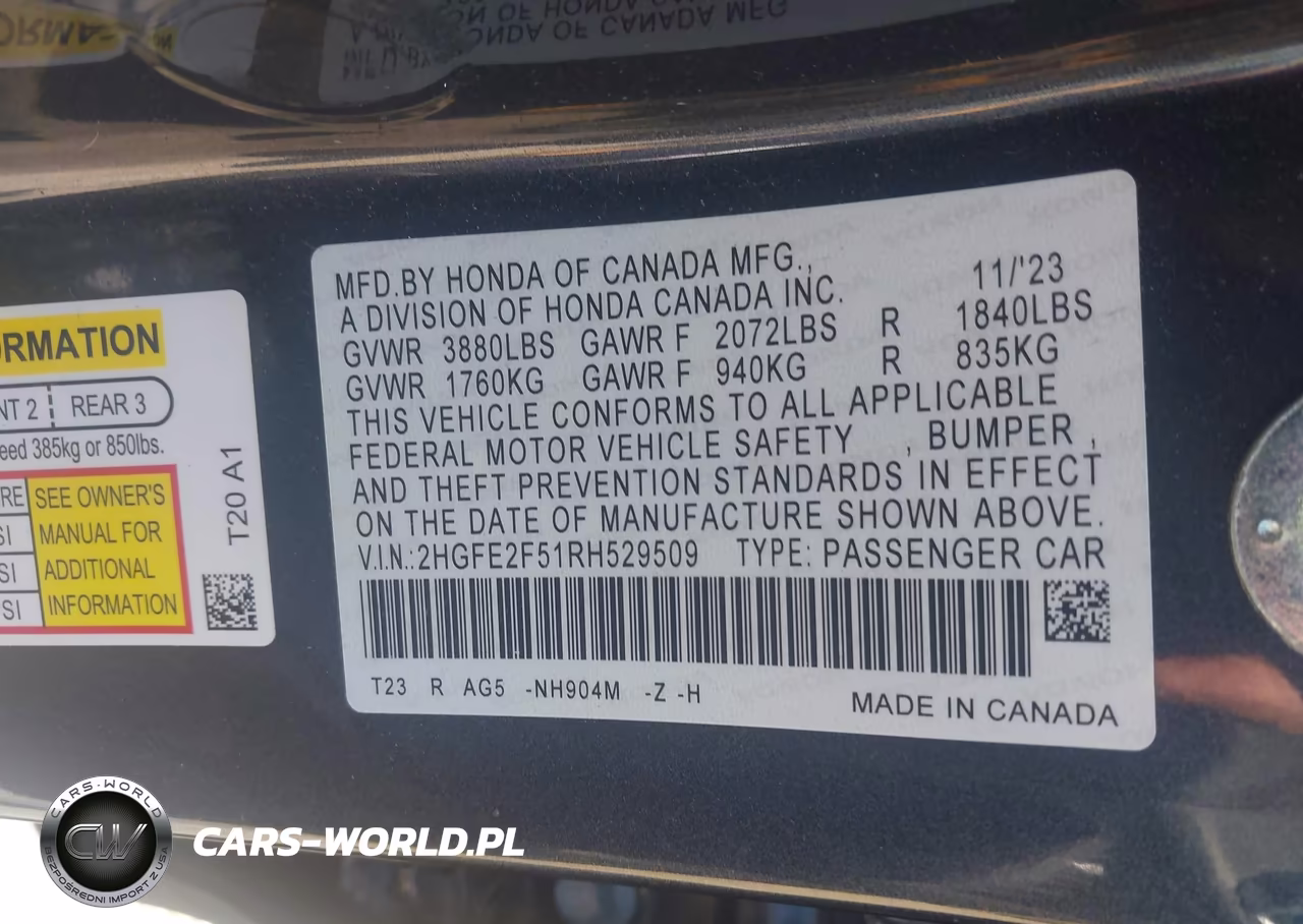 2024 Honda Civic Sport VIN:2HGFE2F51RH529509 - 9