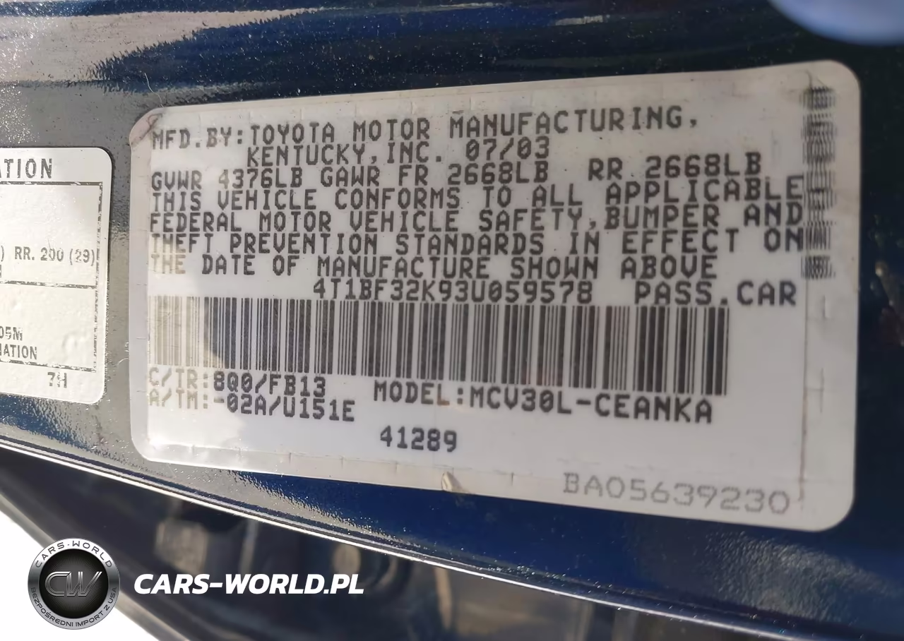 2003 Toyota Camry Le V6 VIN:4T1BF32K93U059578 - 9