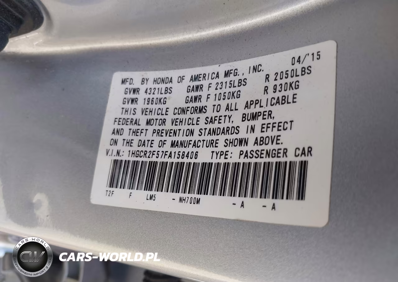 2015 Honda Accord Sport VIN:1HGCR2F57FA158406 - 9