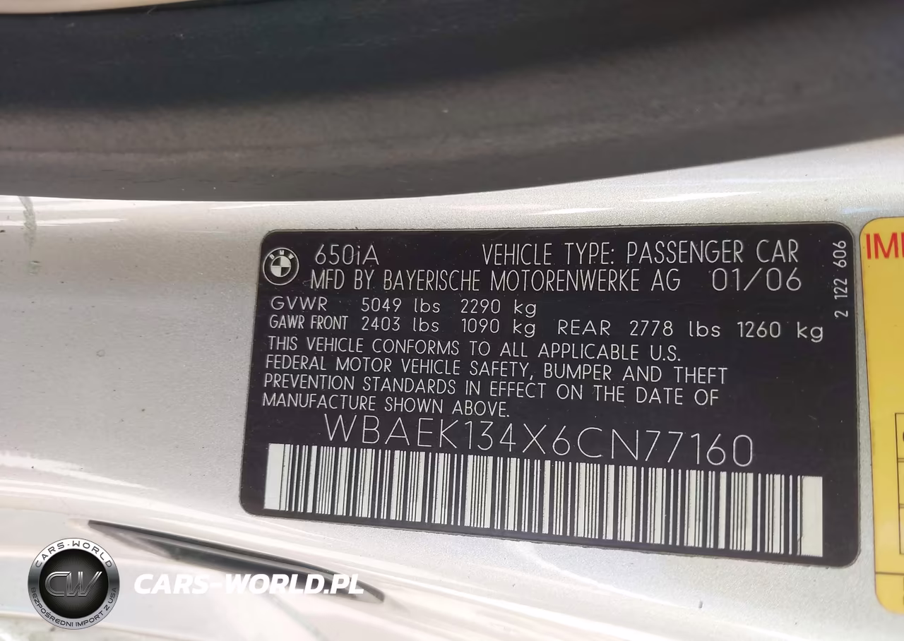 2006 BMW 650I VIN:WBAEK134X6CN77160 - 9