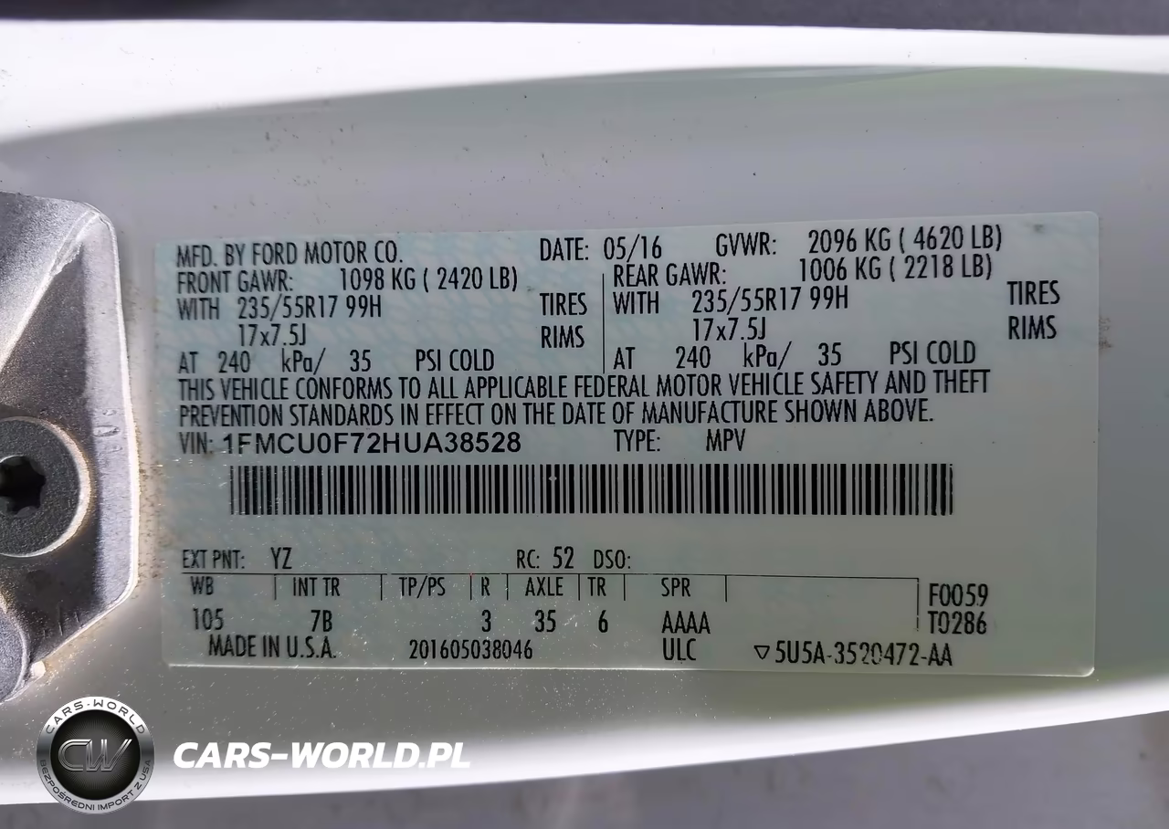 2017 Ford Escape S VIN:1FMCU0F72HUA38528 - 9