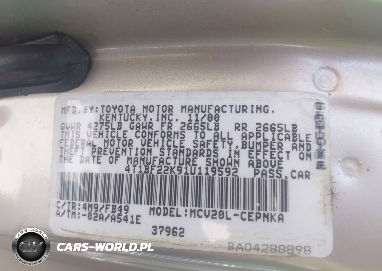 2001 Toyota Camry Le-Xle VIN:4T1BF22K91U119592 - 9