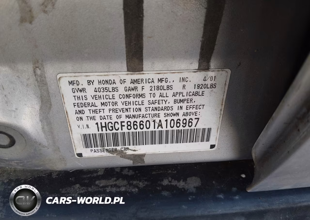 2001 Honda Accord Value Package VIN:1HGCF86601A106967 - 9