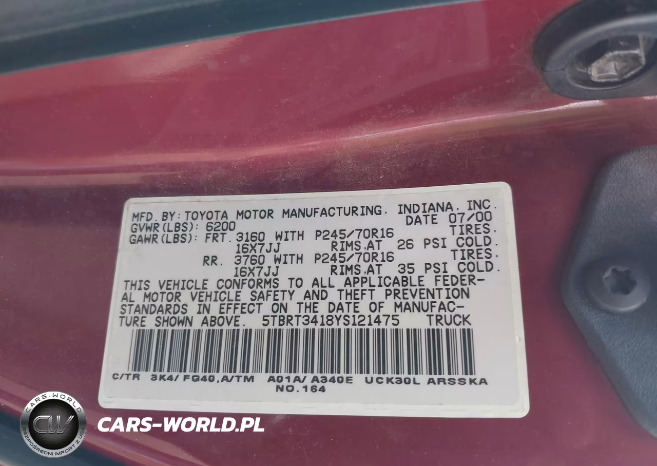 2000 Toyota Tundra Sr5 V8 VIN:5TBRT3418YS121475 - 9