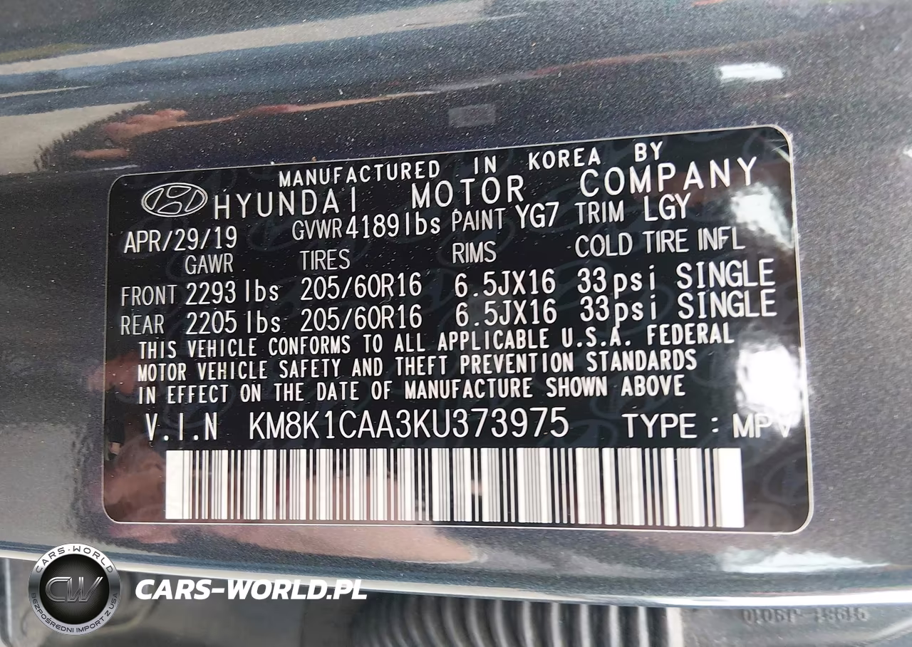 2019 Hyundai Kona Se VIN:KM8K1CAA3KU373975 - 9