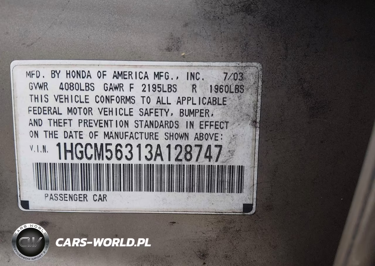 2003 Honda Accord 2.4 Lx VIN:1HGCM56313A128747 - 9
