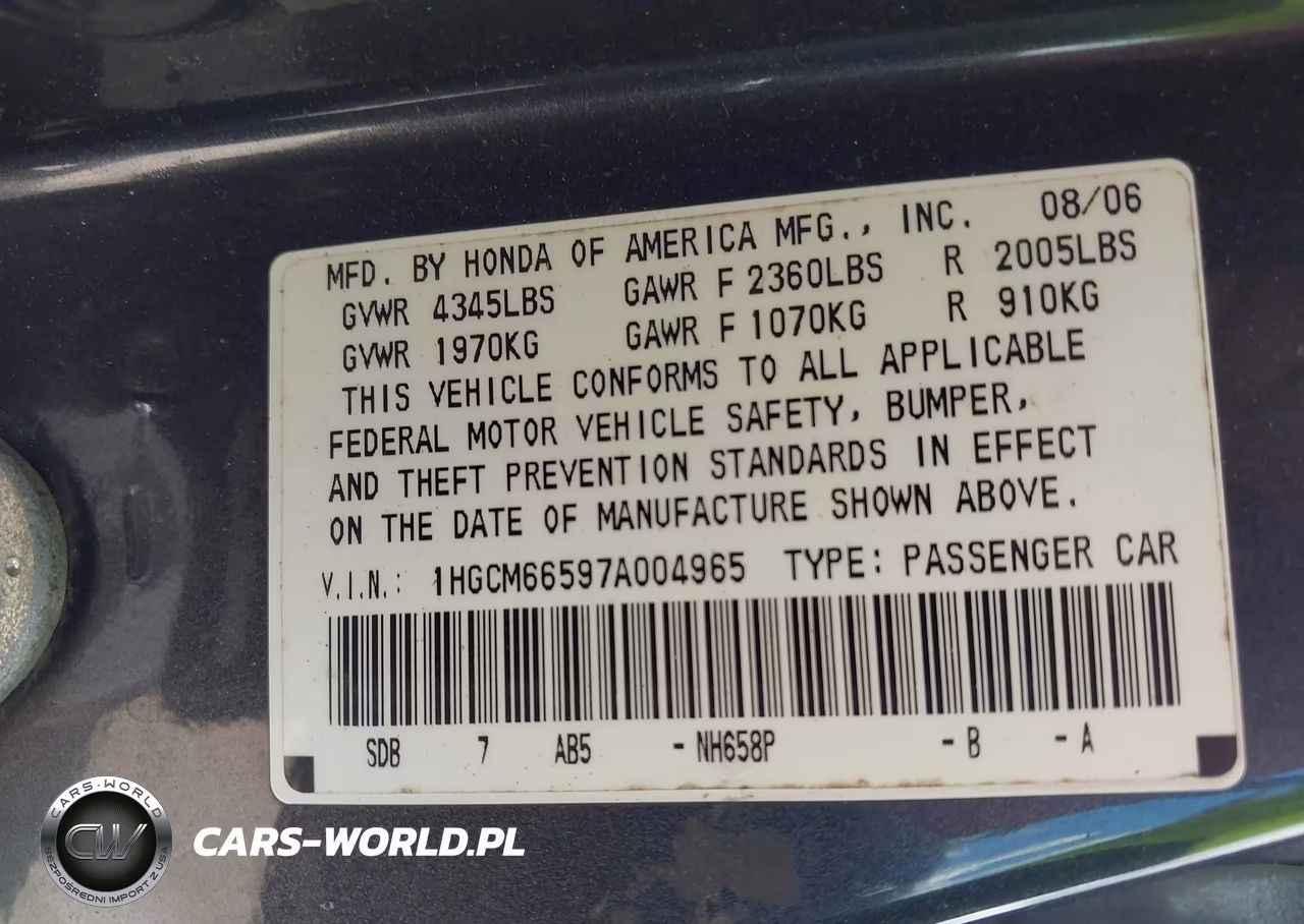 2007 Honda Accord 3.0 Ex VIN:1HGCM66597A004965 - 9