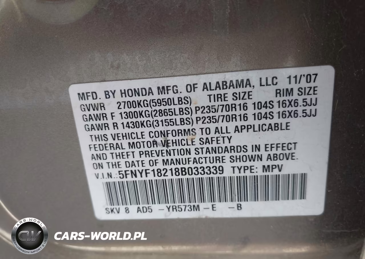 2008 Honda Pilot Vp VIN:5FNYF18218B033339 - 9