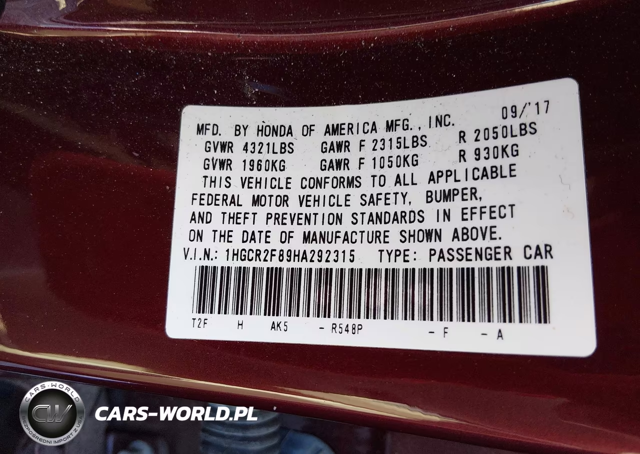 2017 Honda Accord Ex-L VIN:1HGCR2F89HA292315 - 9