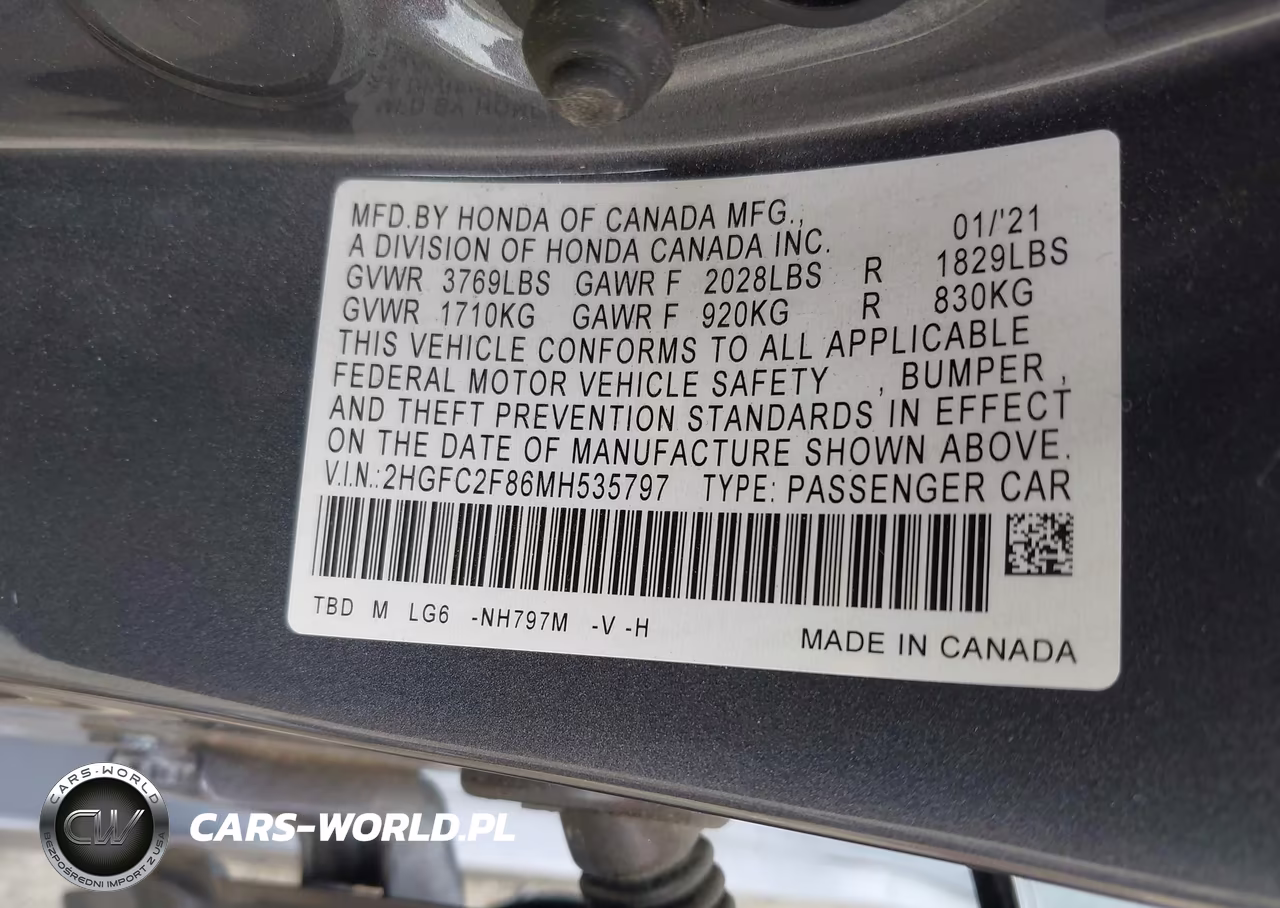 2021 Honda Civic Sport VIN:2HGFC2F86MH535797 - 9