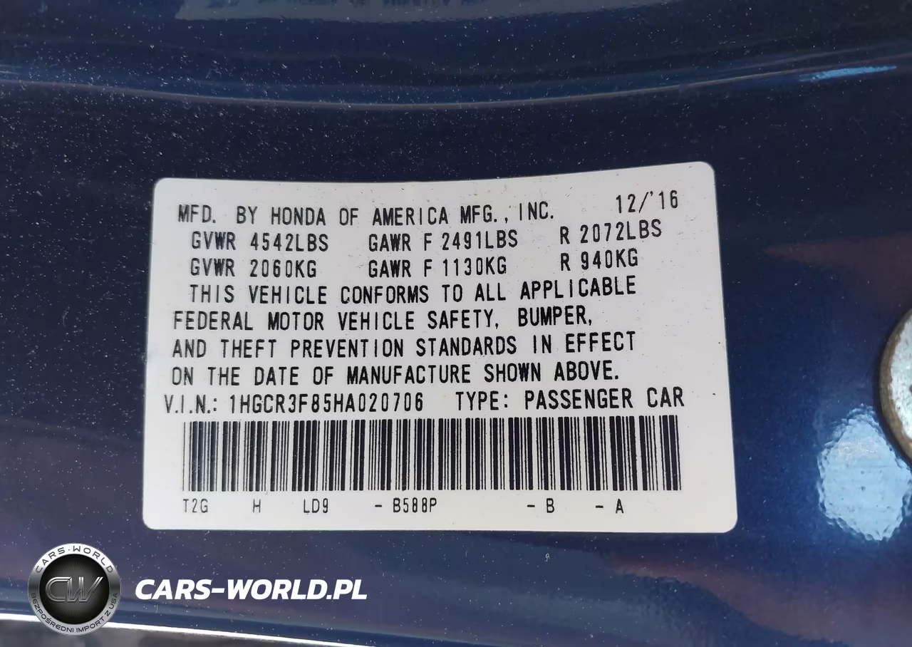 2017 Honda Accord Ex-L V6 VIN:1HGCR3F85HA020706 - 9