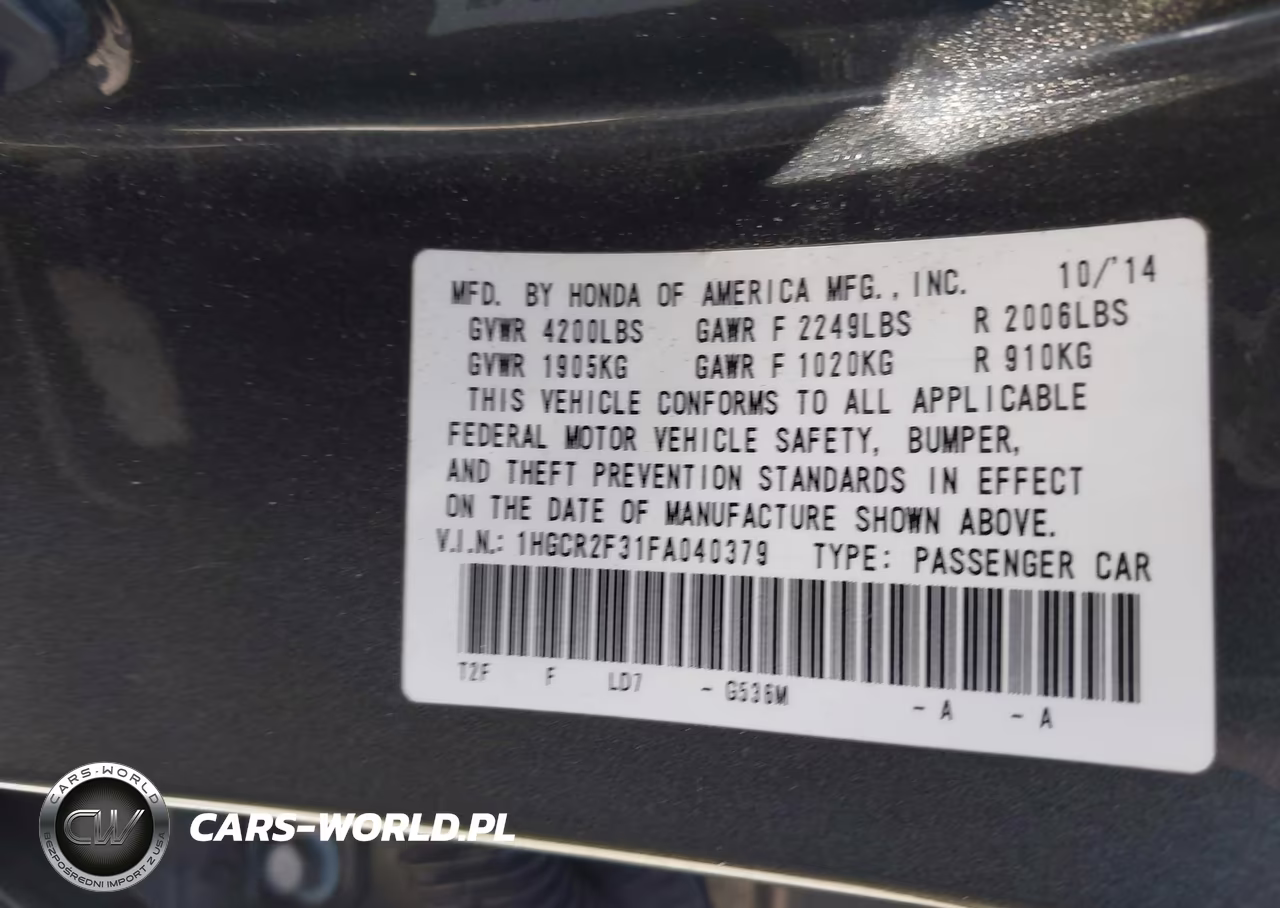 2015 Honda Accord Lx VIN:1HGCR2F31FA040379 - 9