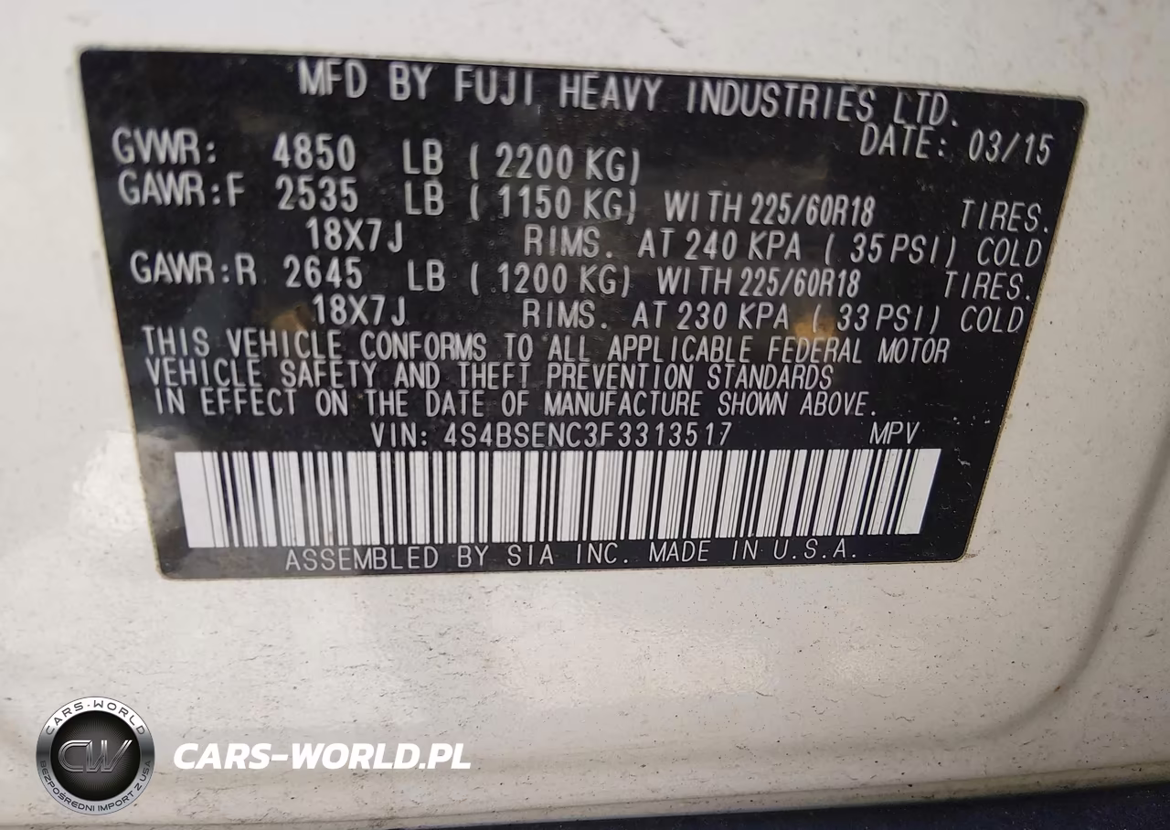 2015 Subaru Outback 3.6R Limited VIN:4S4BSENC3F3313517 - 9