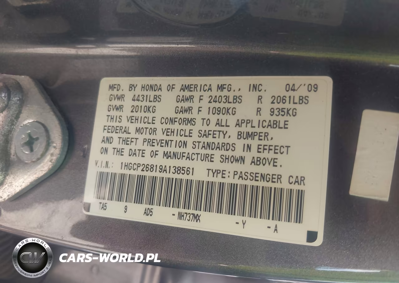 2009 Honda Accord 2.4 Ex-L VIN:1HGCP26819A138561 - 9