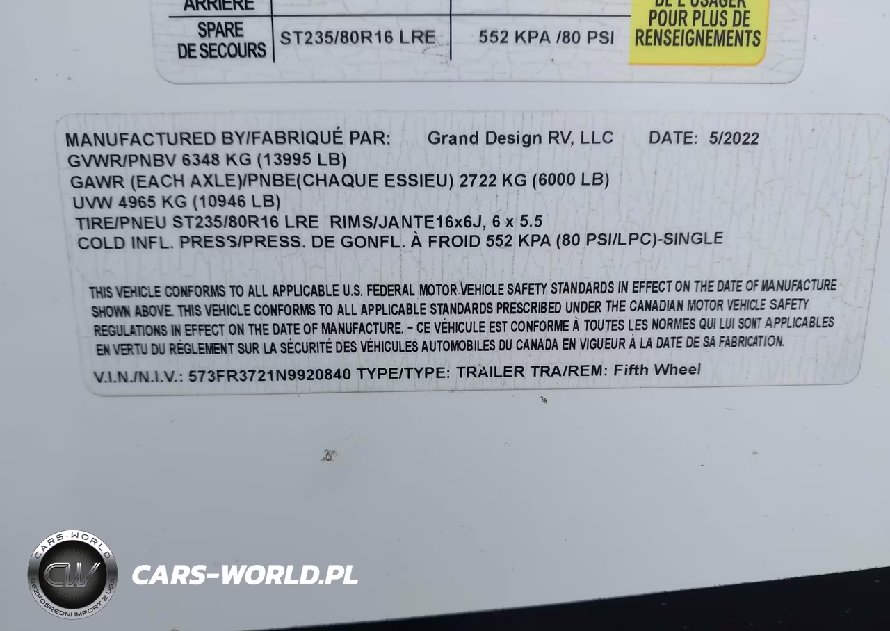 2022 Grand Design Other VIN:573FR3721N9920840 - 9