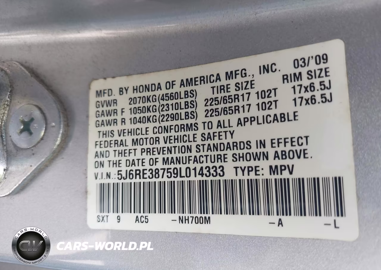 2009 Honda Cr-V Ex-L VIN:5J6RE38759L014333 - 9