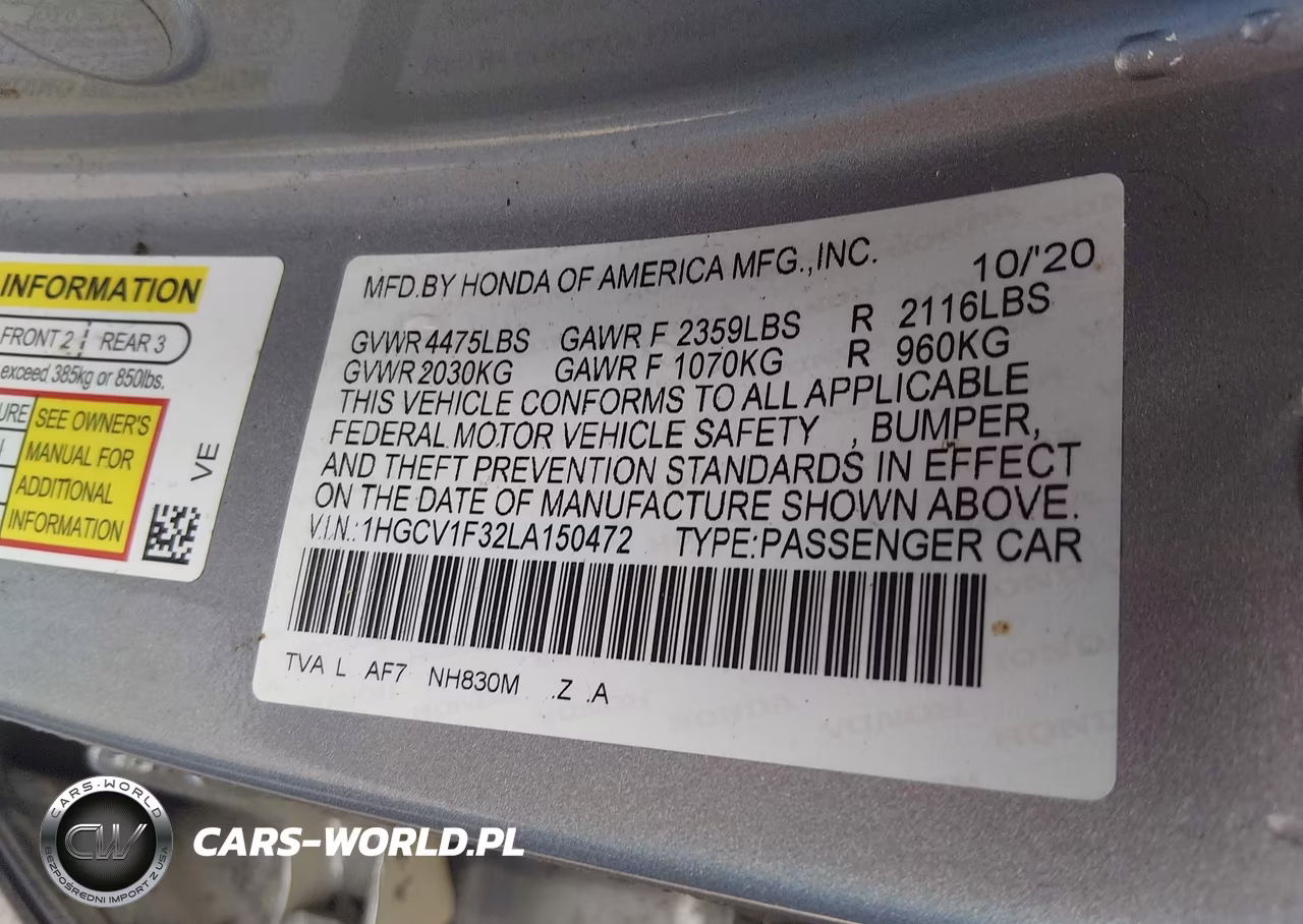 2020 Honda Accord Sport VIN:1HGCV1F32LA150472 - 9