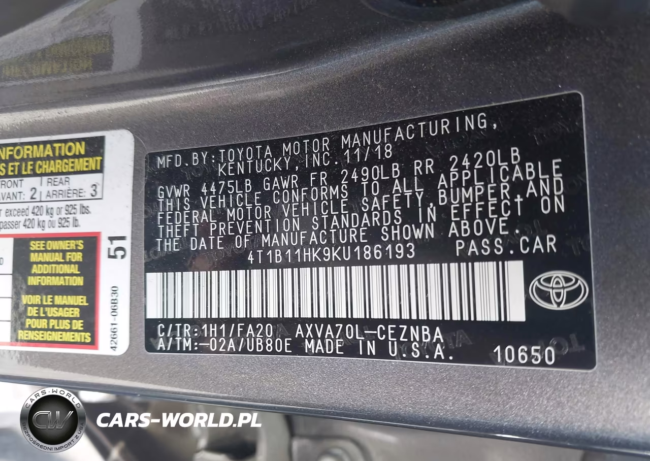 2019 Toyota Camry Le VIN:4T1B11HK9KU186193 - 9