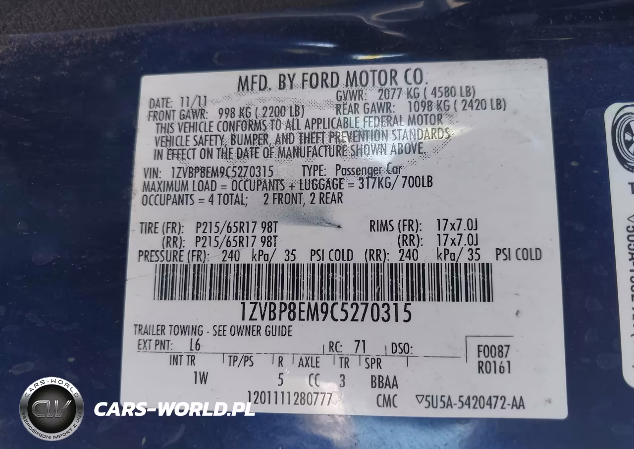 2012 Ford Mustang V6 VIN:1ZVBP8EM9C5270315 - 9
