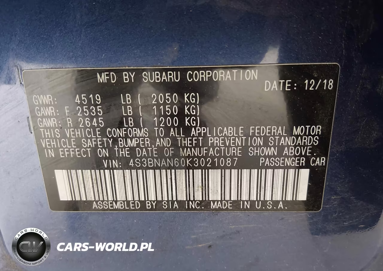 2019 Subaru Legacy 2.5I Limited VIN:4S3BNAN60K3021087 - 9