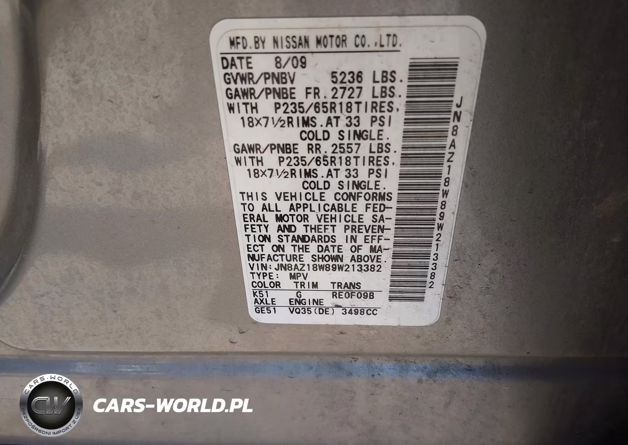 2009 Nissan Murano Sl VIN:JN8AZ18W89W213382 - 9