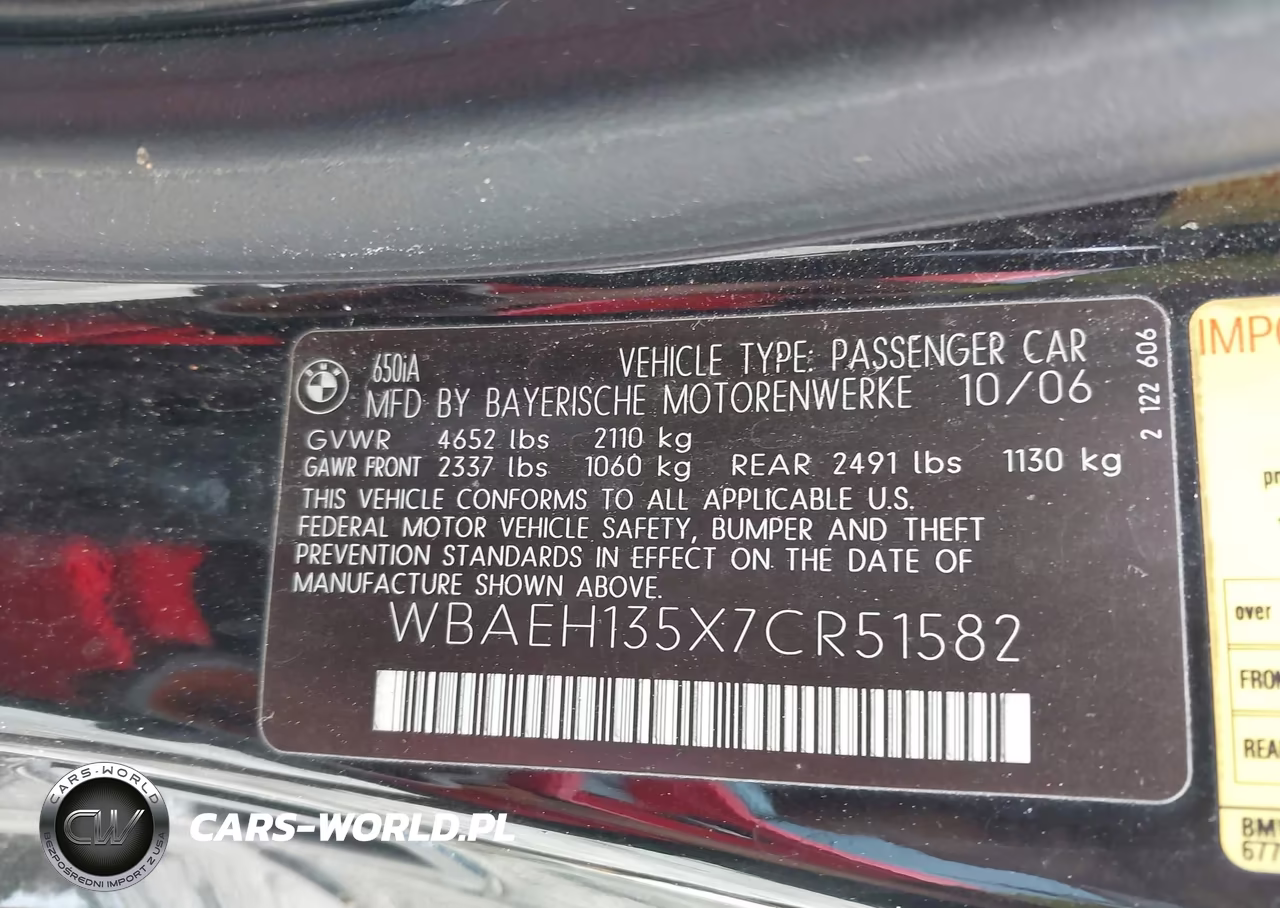 2007 BMW 650I VIN:WBAEH135X7CR51582 - 9