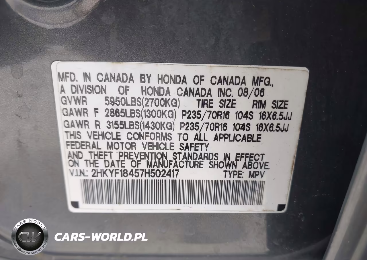 2007 Honda Pilot Ex VIN:2HKYF18457H502417 - 9