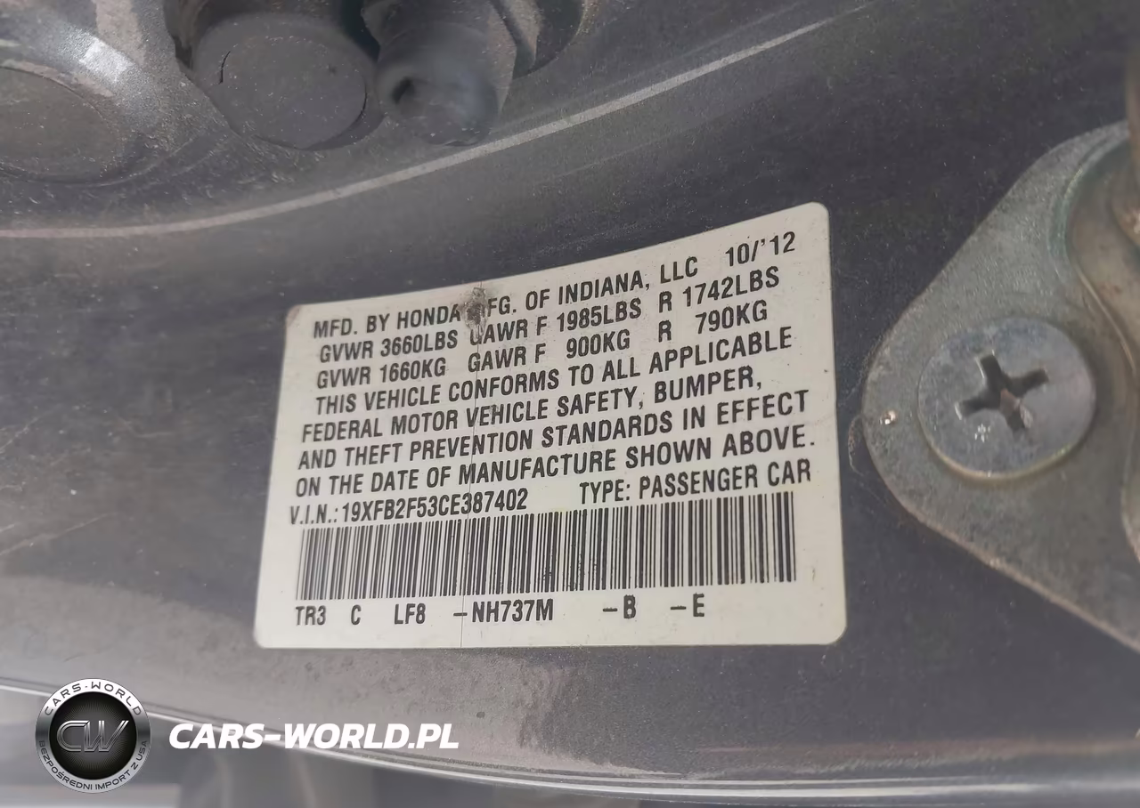2012 Honda Civic Lx VIN:19XFB2F53CE387402 - 9