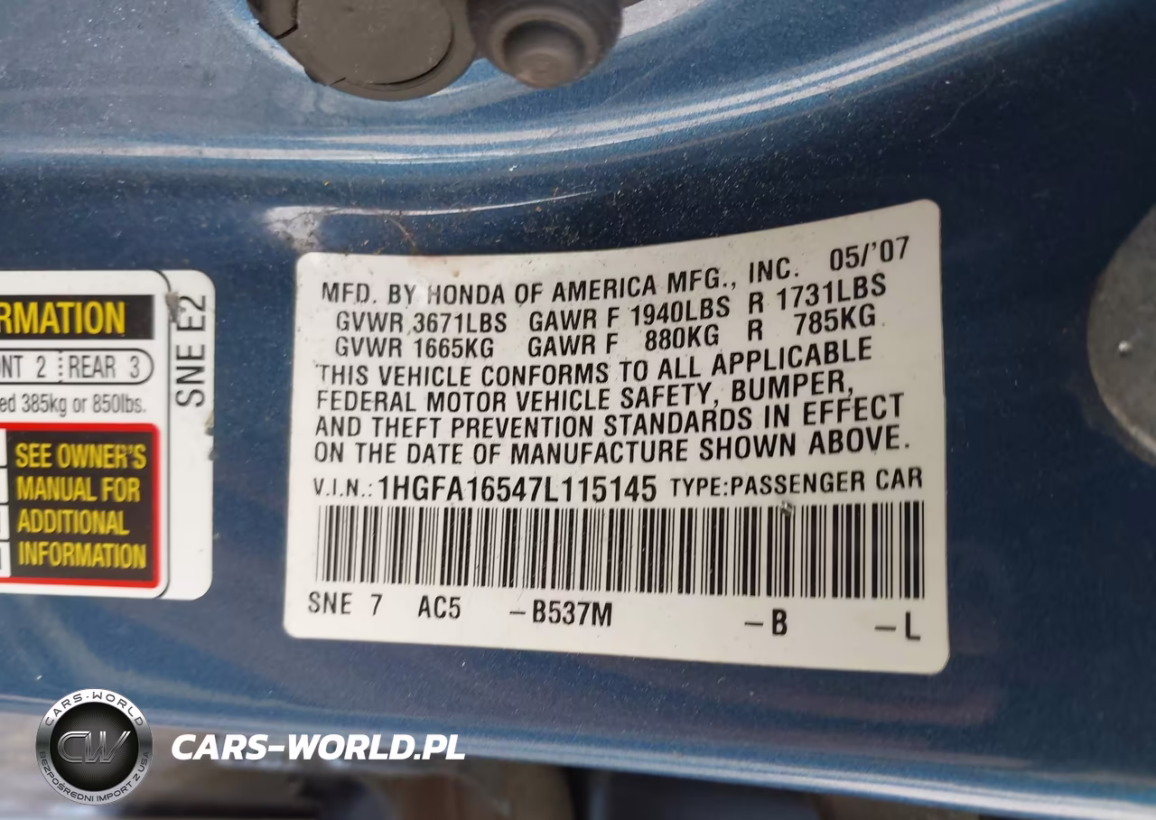 2007 Honda Civic Lx VIN:1HGFA16547L115145 - 9