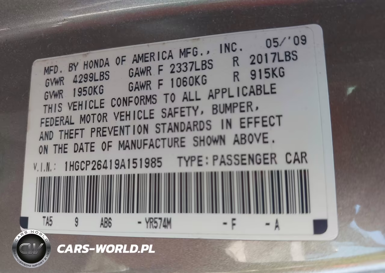 2009 Honda Accord 2.4 Lx-P VIN:1HGCP26419A151985 - 9
