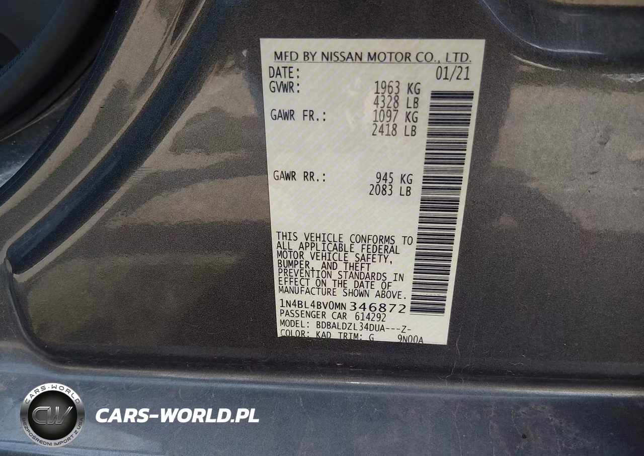 2021 Nissan Altima S Fwd VIN:1N4BL4BV0MN346872 - 9