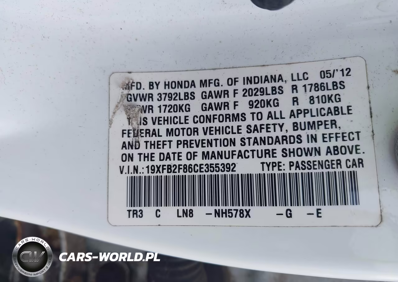 2012 Honda Civic Ex VIN:19XFB2F86CE355392 - 9