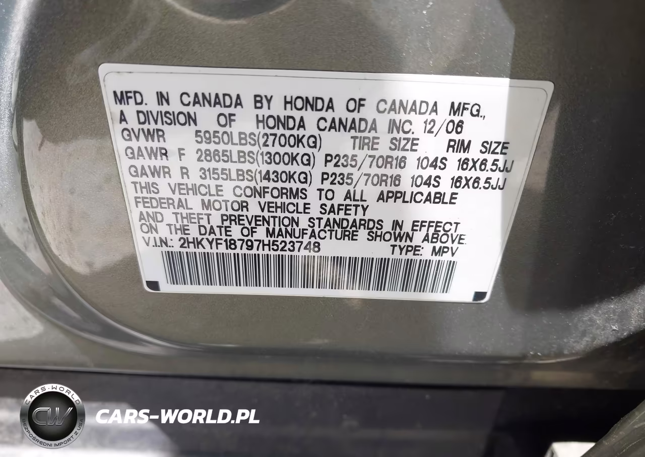 2007 Honda Pilot Ex-L VIN:2HKYF18797H523748 - 9