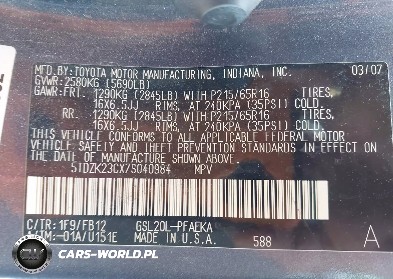 2007 Toyota Sienna Ce VIN:5TDZK23CX7S040984 - 9