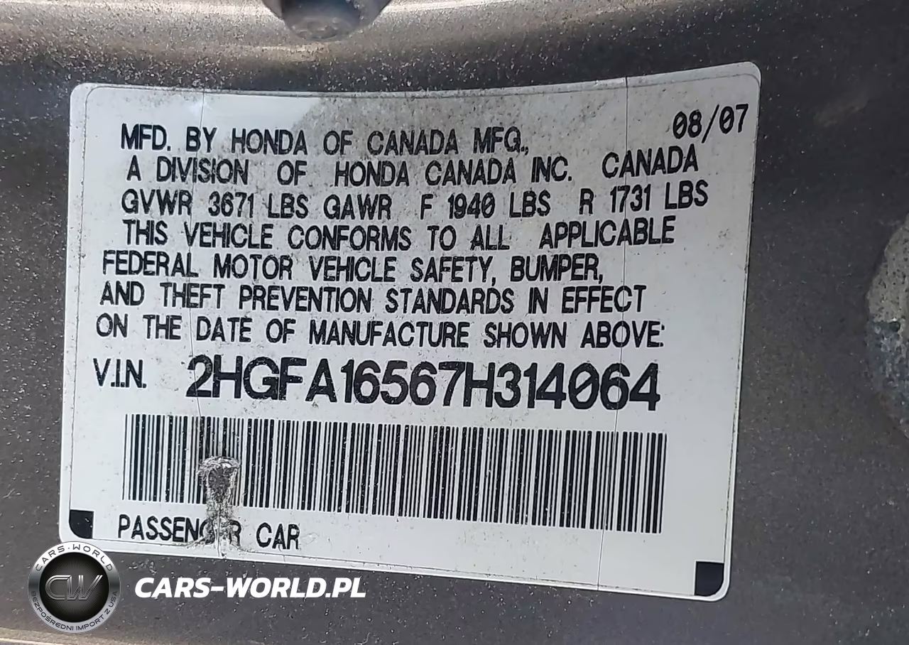 2007 Honda Civic Lx VIN:2HGFA16567H314064 - 9