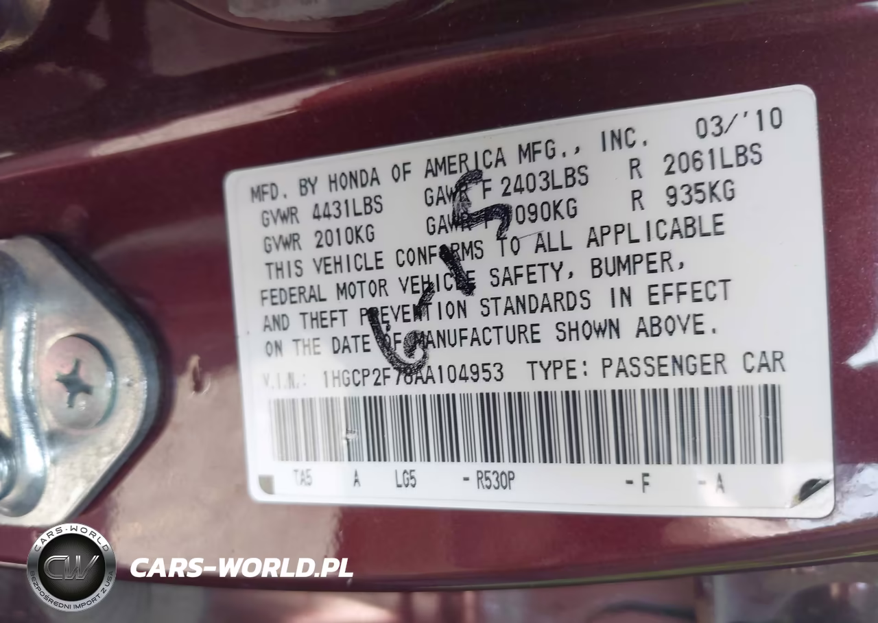 2010 Honda Accord 2.4 Ex VIN:1HGCP2F78AA104953 - 9