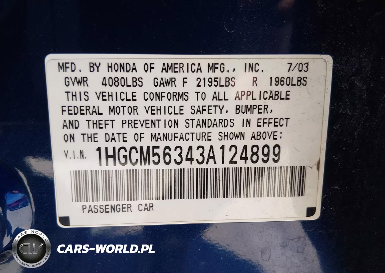 2003 Honda Accord 2.4 Lx VIN:1HGCM56343A124899 - 9