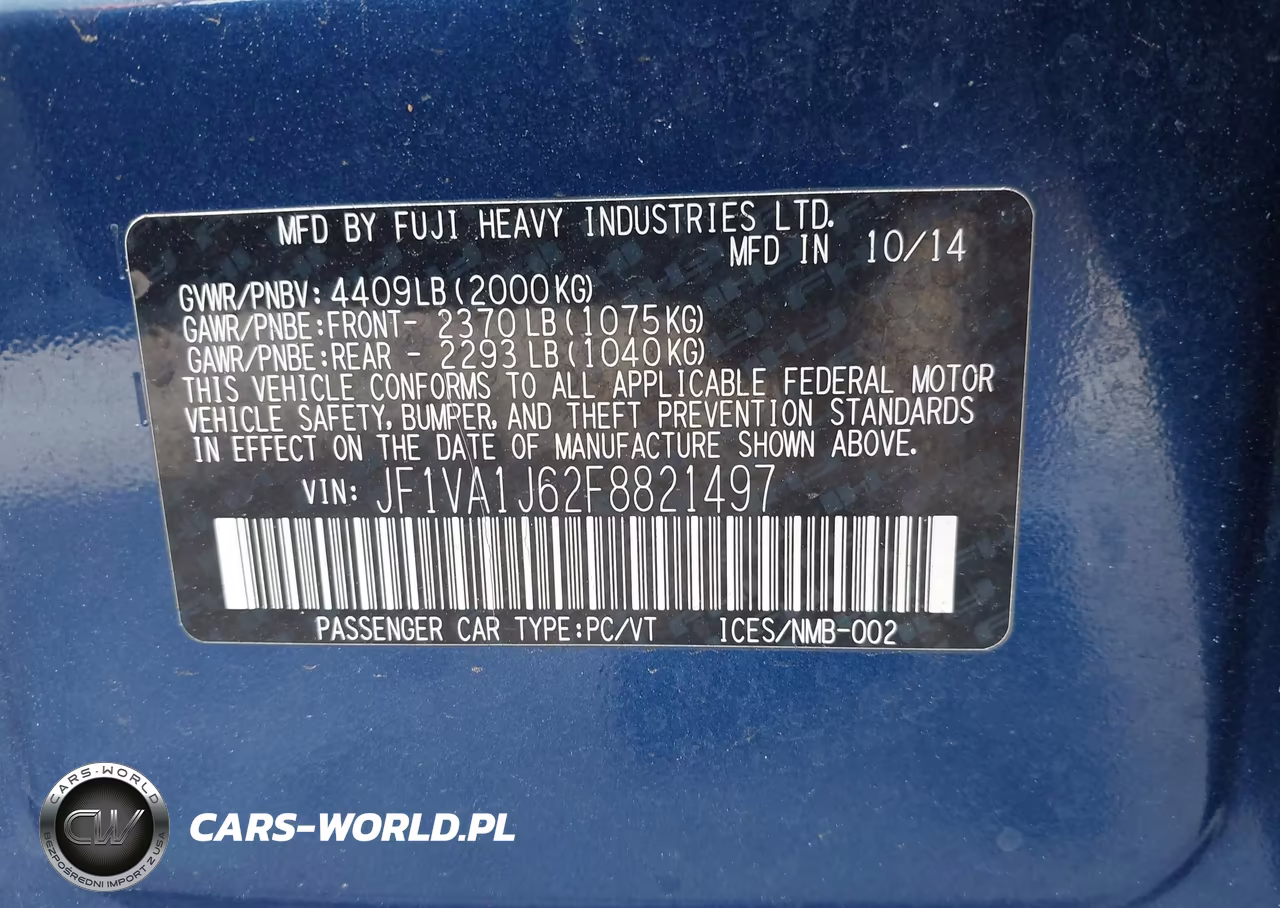 2015 Subaru Wrx Limited VIN:JF1VA1J62F8821497 - 9