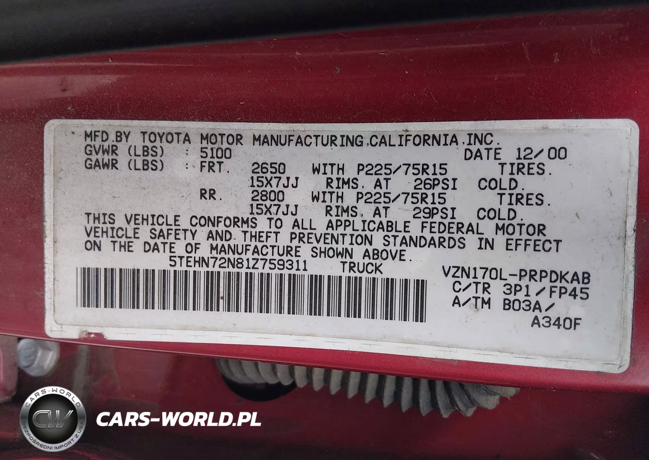 2001 Toyota Tacoma Base V6 VIN:5TEHN72N81Z759311 - 9