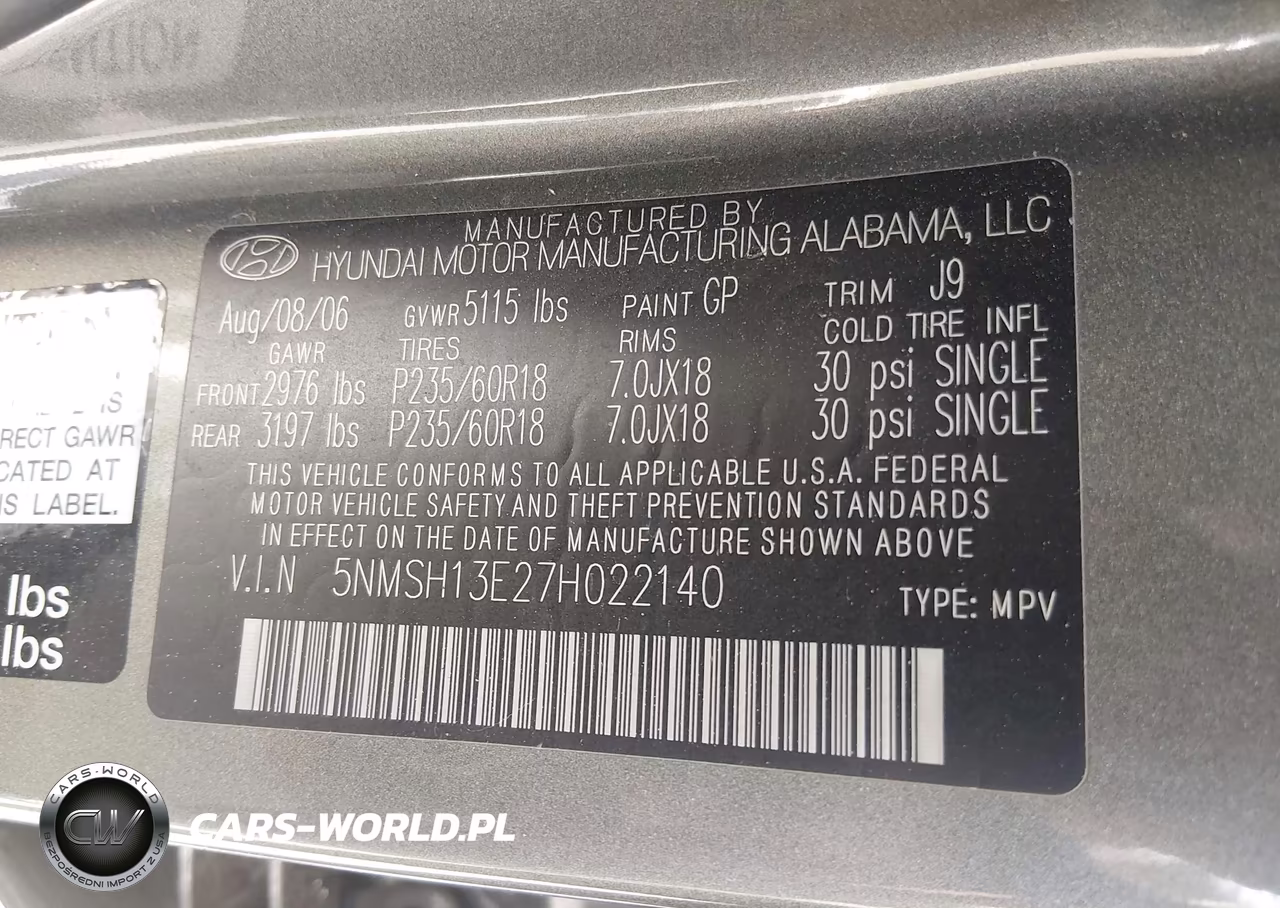 2007 Hyundai Santa Fe Limited-Se VIN:5NMSH13E27H022140 - 9