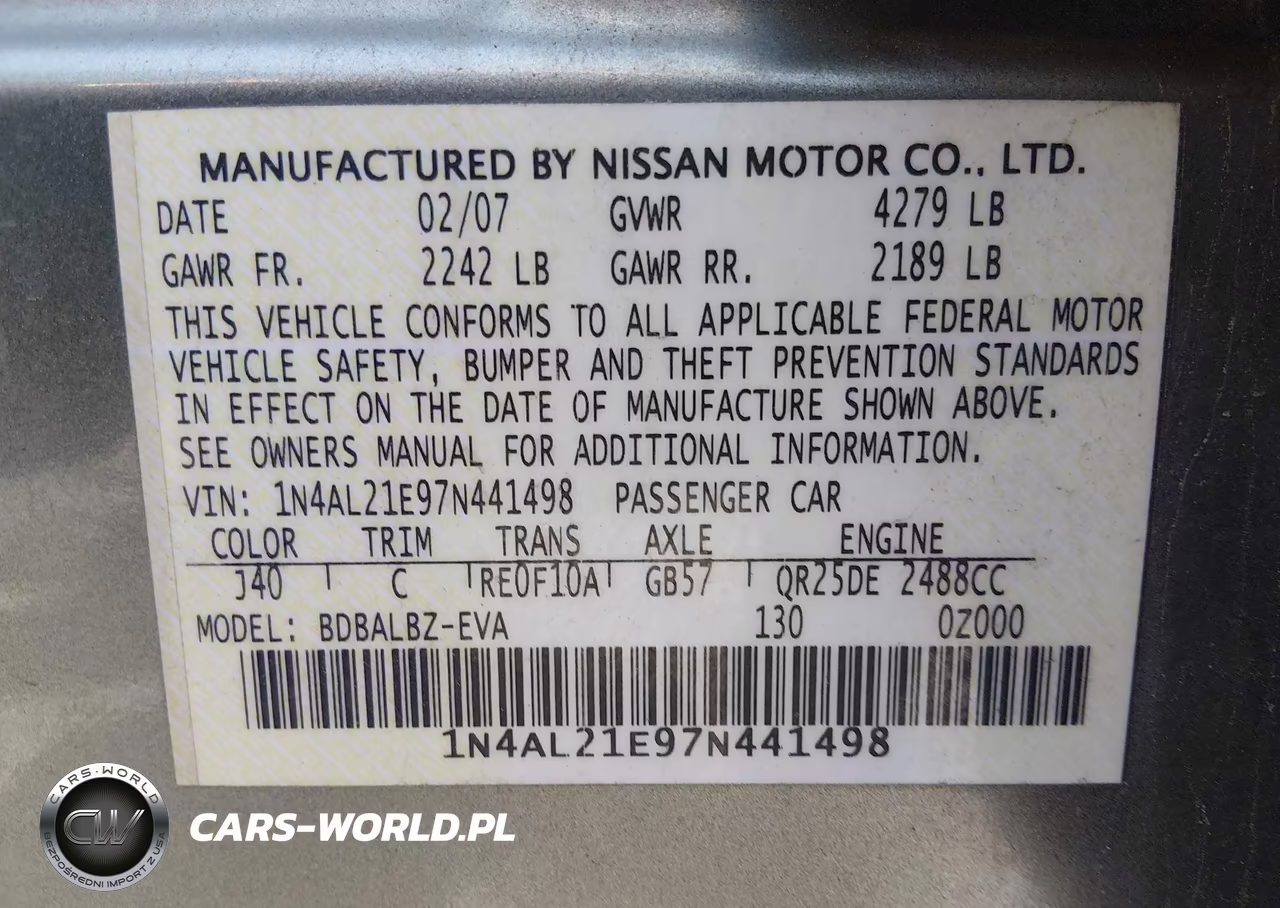 2007 Nissan Altima 2.5 S VIN:1N4AL21E97N441498 - 9