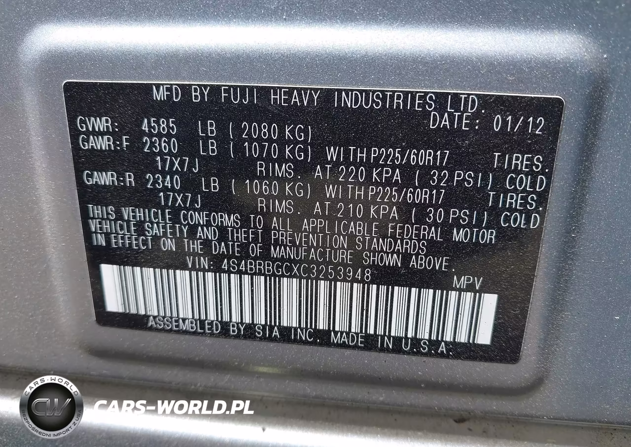 2012 Subaru Outback 2.5I Premium VIN:4S4BRBGCXC3253948 - 9