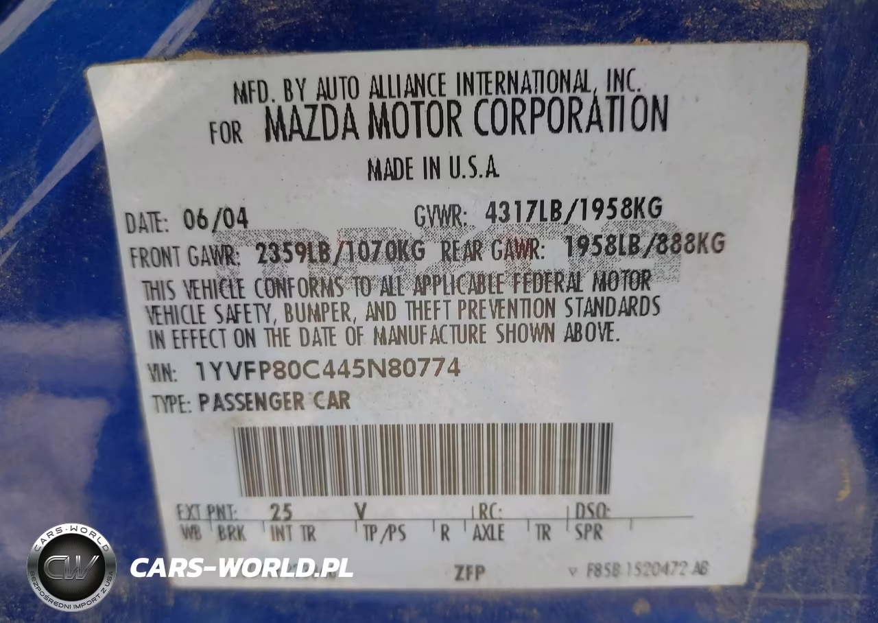 2004 Mazda Mazda6 I VIN:1YVFP80C445N80774 - 9