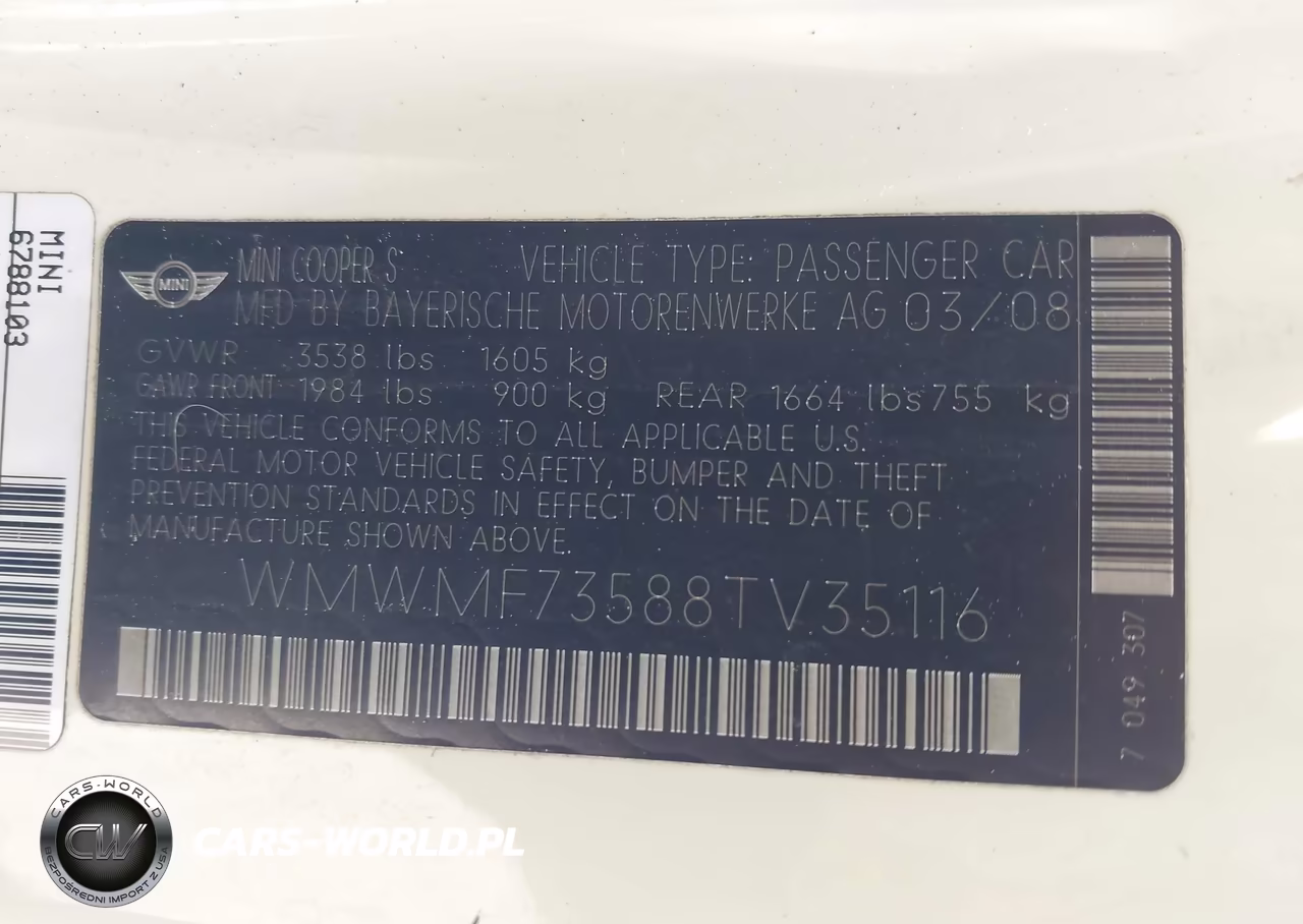 2008 Mini Cooper S VIN:WMWMF73588TV35116 - 9