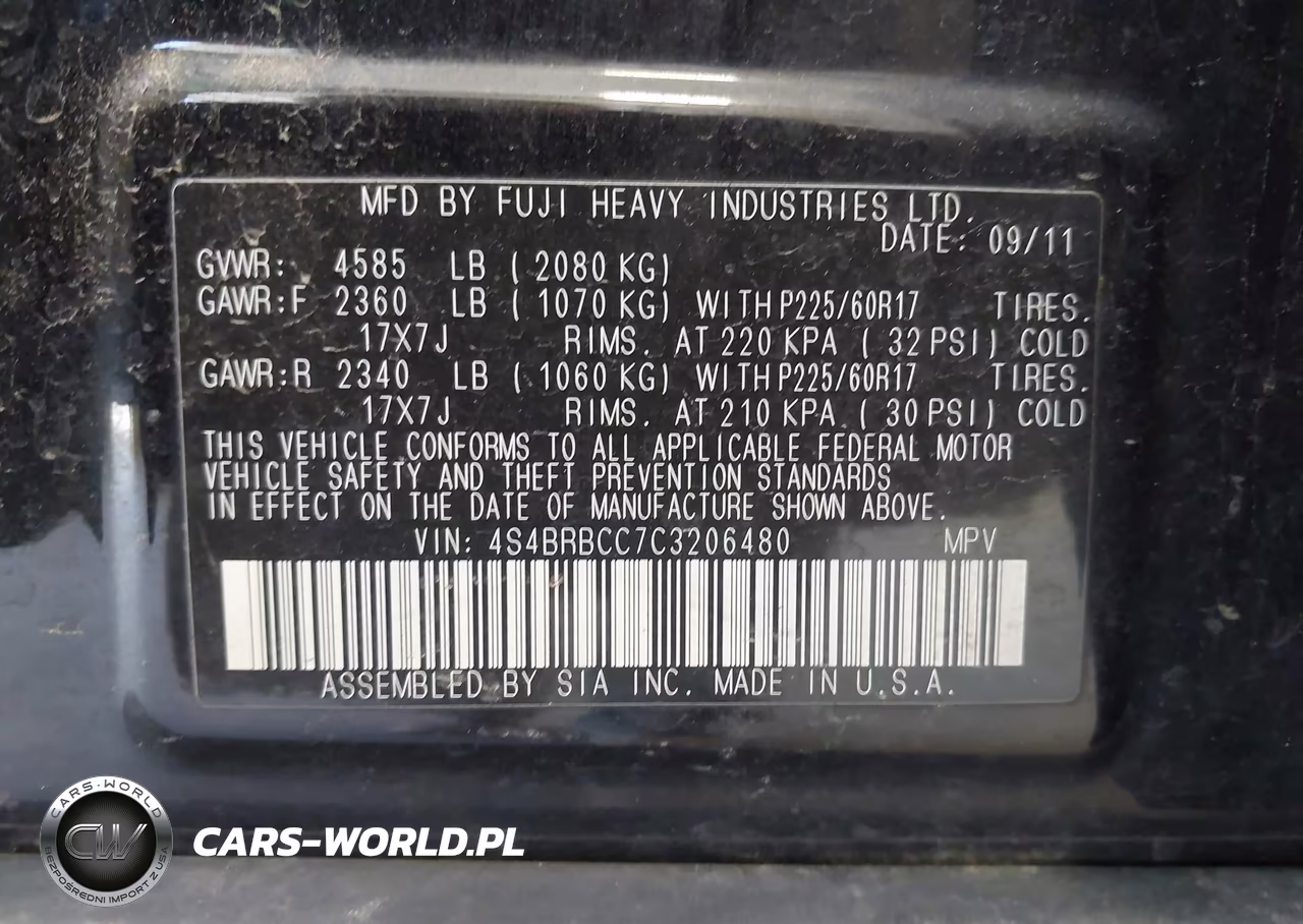 2012 Subaru Outback 2.5I Premium VIN:4S4BRBCC7C3206480 - 9