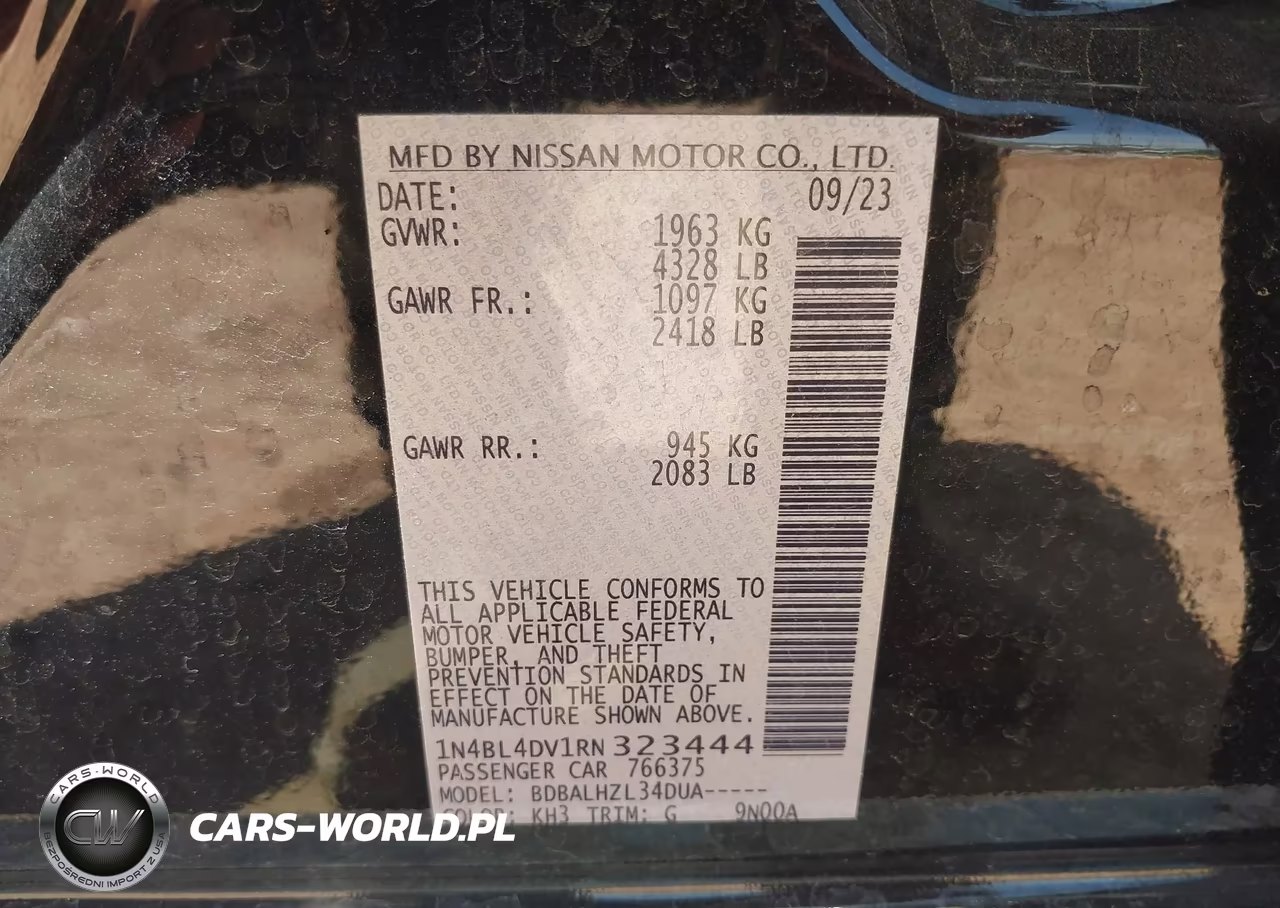 2024 Nissan Altima Sv Fwd VIN:1N4BL4DV1RN323444 - 9
