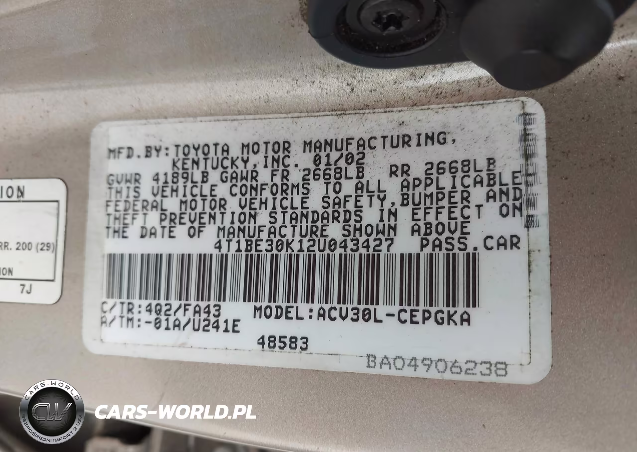 2002 Toyota Camry Xle VIN:4T1BE30K12U043427 - 9