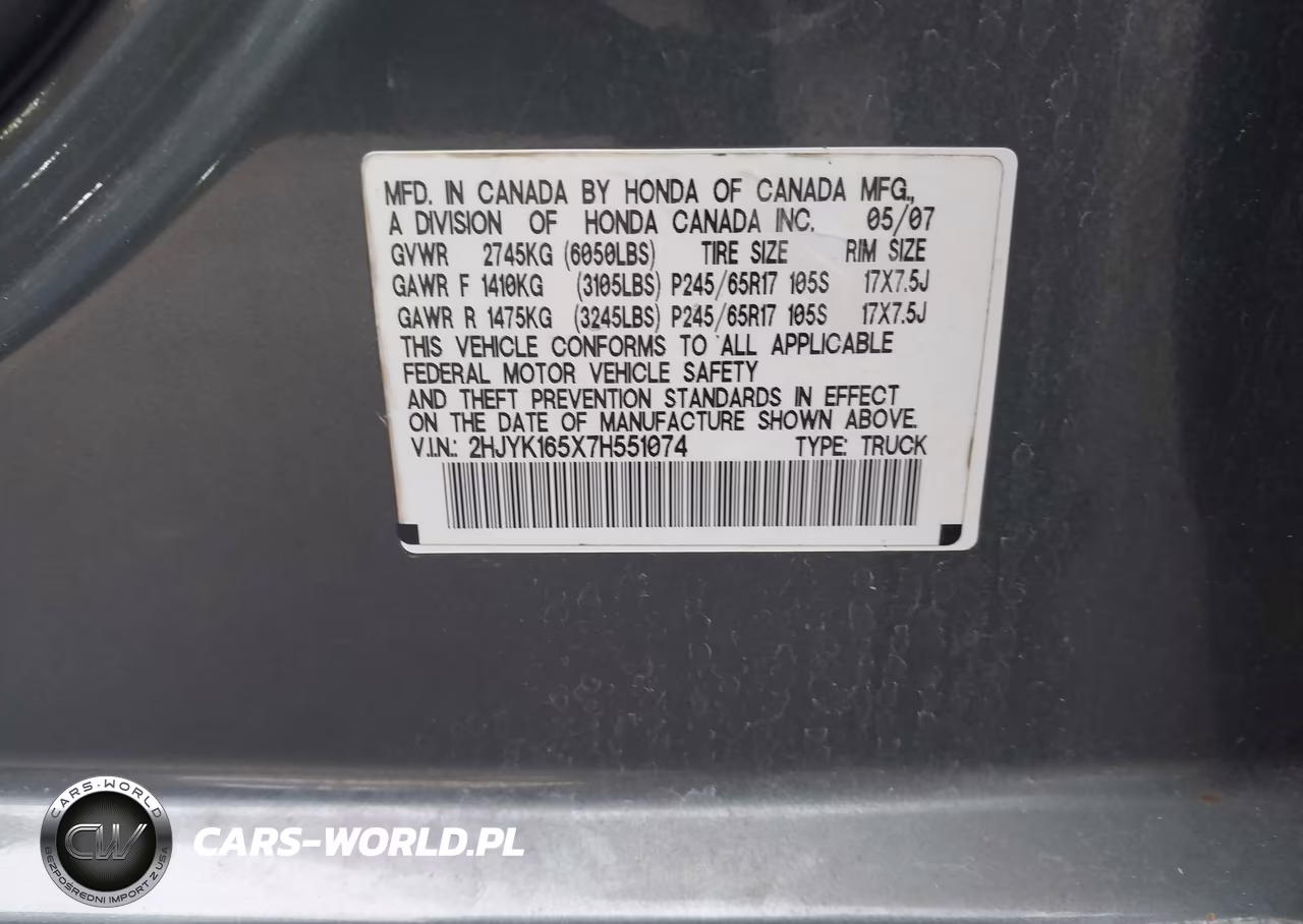 2007 Honda Ridgeline Rtl VIN:2HJYK165X7H551074 - 9