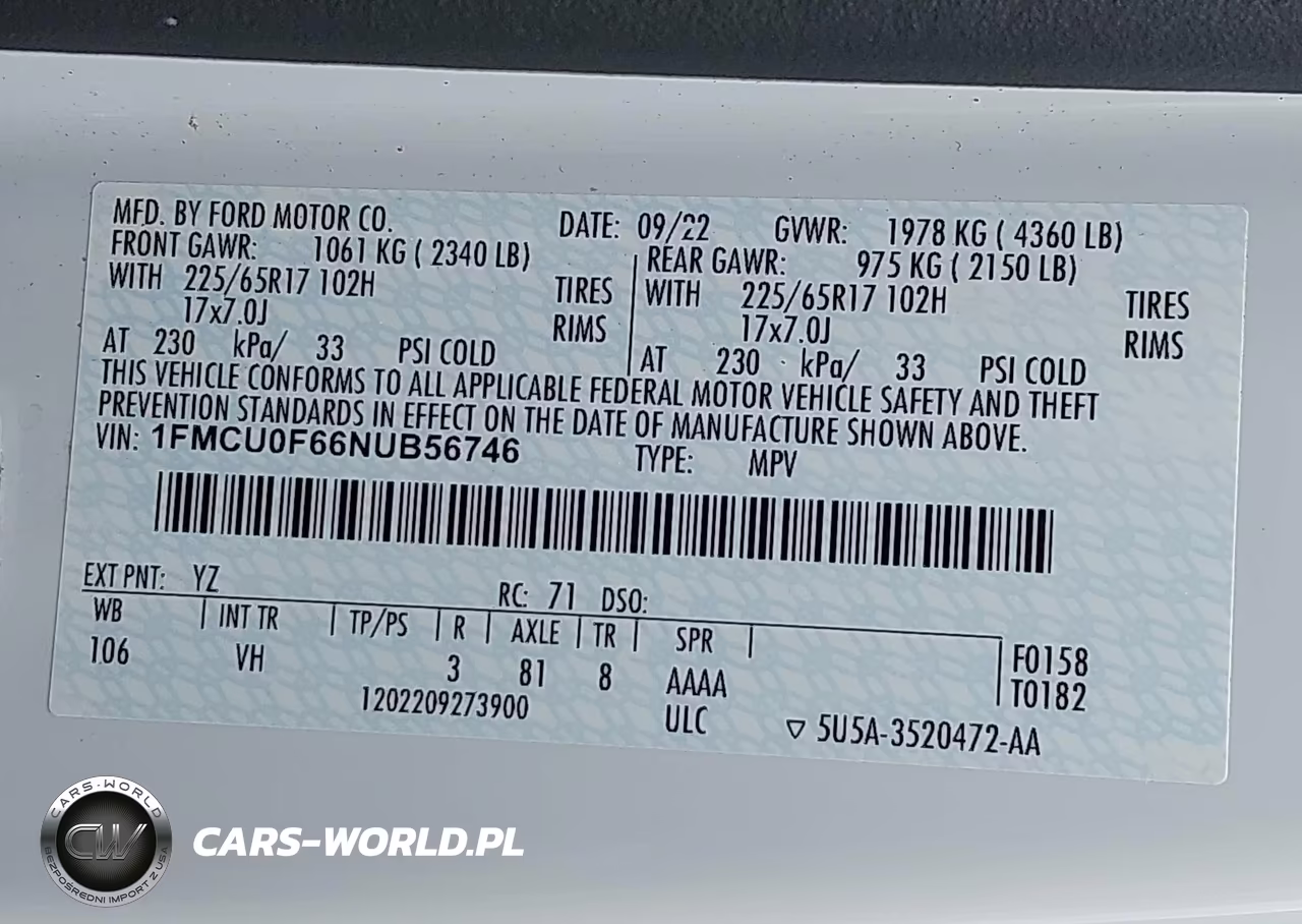2022 Ford Escape S VIN:1FMCU0F66NUB56746 - 9